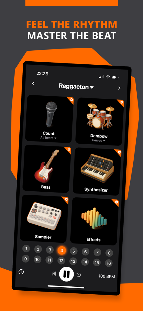 Reggaeton Rhythms - BeatLab - Reggaeton Rhythms BeatLab app interface showing instrument stem controls for Dembow Bass and Synth with a beat counter