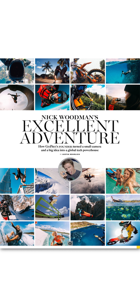 Digital magazine article layout from Maxim Australia featuring GoPro founder Nick Woodman with a collage of action sports and travel photography