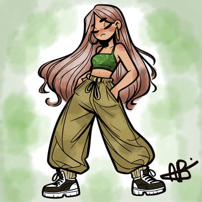 girl in baggy pants crop top and long hair