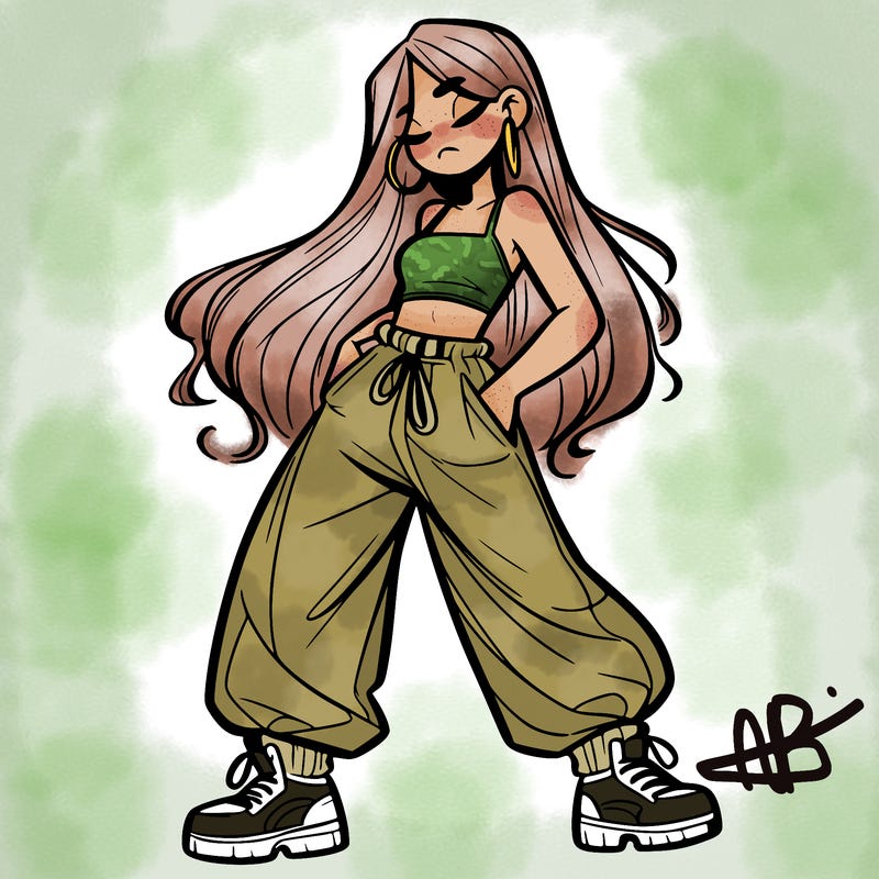 girl in baggy pants crop top and long hair
