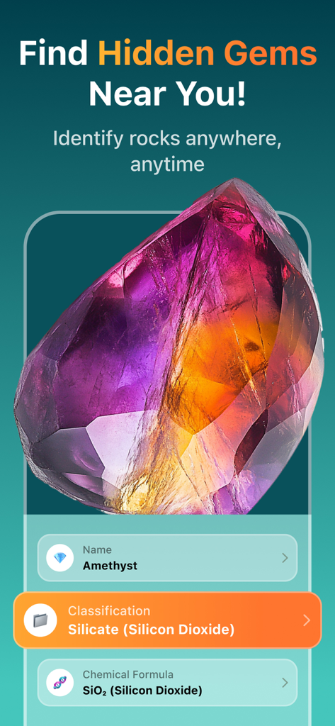 RockLens - Stone & Gemstone ID - RockLens app interface identifying an amethyst gemstone with its chemical formula and classification