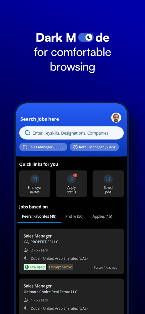 Naukrigulf Job Search App - Naukrigulf 채용 정보 앱 인터페이스, 다크 모드에서 걸프 지역 채용 목록 표시