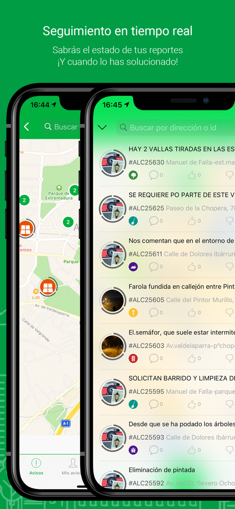 Interfaz de la app móvil de Alcobendas que muestra el seguimiento en tiempo real de incidencias urbanas reportadas por ciudadanos en un mapa y lista