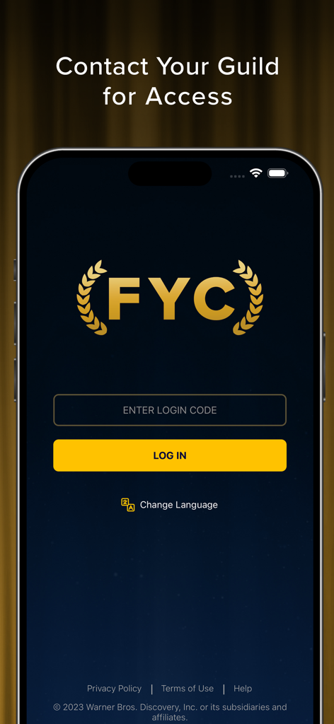 WBFYC Screeners - Login interface for the WBFYC Screeners app featuring a code entry field and log in button