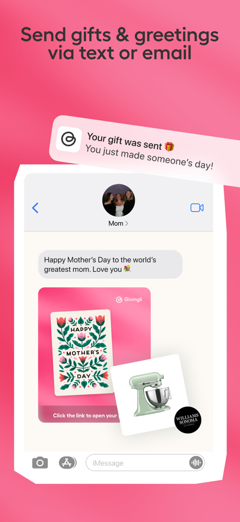 Givingli: Send Gifts & Cards - Givingli app interface showing a digital Mother's Day greeting card and a gift sent via text message