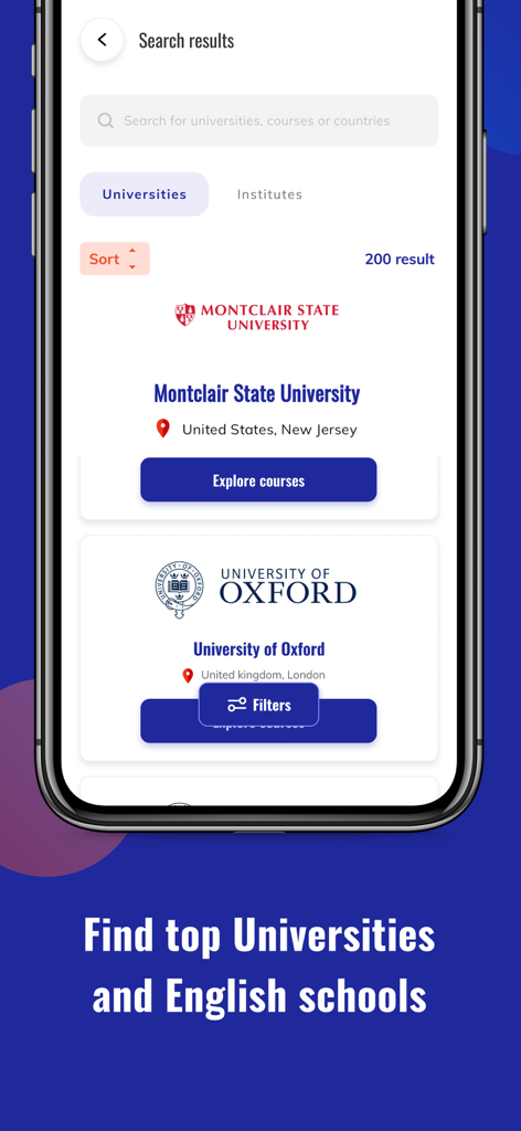 Mobile app screen displaying search results for top universities including Montclair State and Oxford