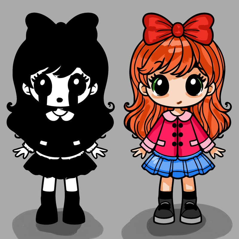 orange hair girl with buttoned shirt and skirt eyes and a bow kid