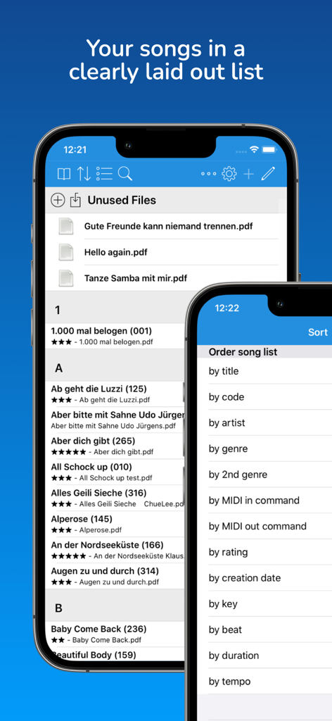 SongBook+ - Interfaz de la aplicación SongBook plus mostrando una lista de canciones y varias opciones de menú de ordenación para músicos.