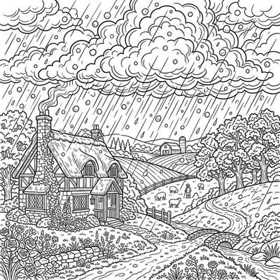 Discover the unexpected beauty of a hailstorm in a picturesque cottagecore setting, blending dramatic weather with pastoral charm. This detailed coloring page invites you to add vibrant hues to a scene of rustic tranquility.