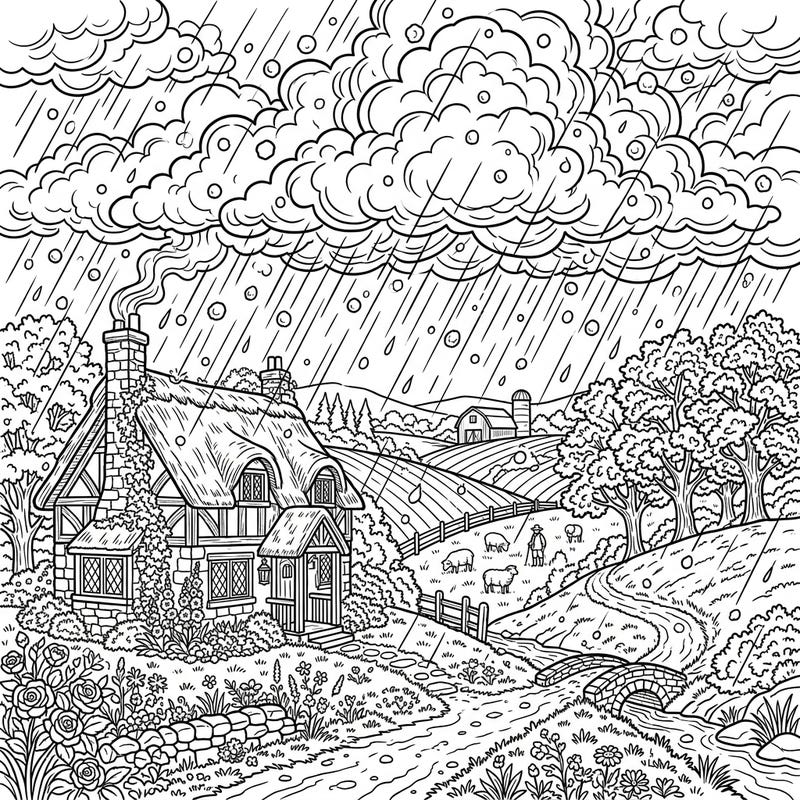 Discover the unexpected beauty of a hailstorm in a picturesque cottagecore setting, blending dramatic weather with pastoral charm. This detailed coloring page invites you to add vibrant hues to a scene of rustic tranquility.
