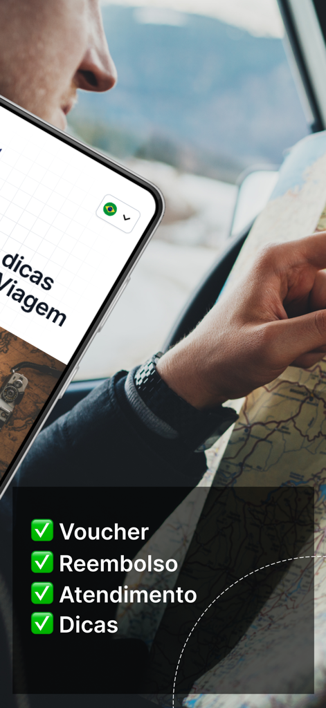 GTA: Seguro Viagem - Interface do aplicativo GTA travel insurance mostrando opções de voucher e reembolso.