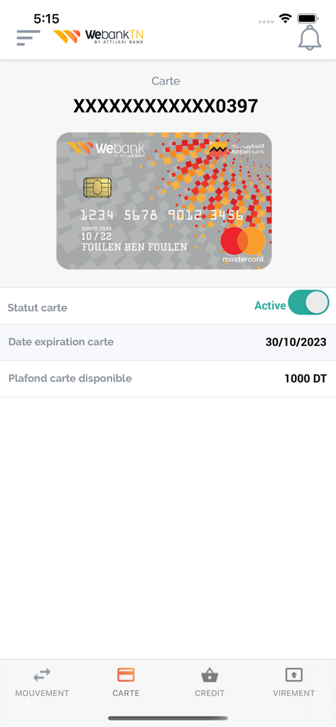 Webank - Webank mobile app dashboard displaying credit card details including status and available balance limit