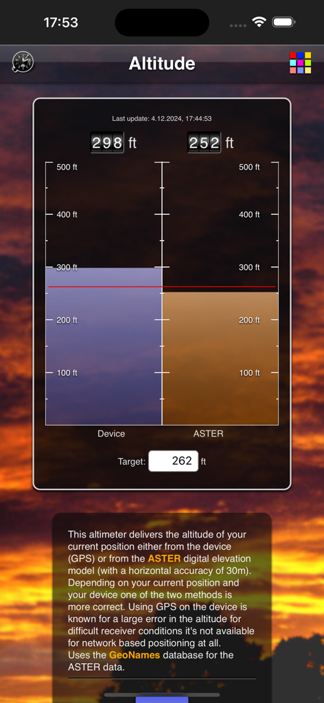 Altitude App - Interface of the Altitude App showing side-by-side comparison of device GPS and ASTER digital elevation model readings in feet