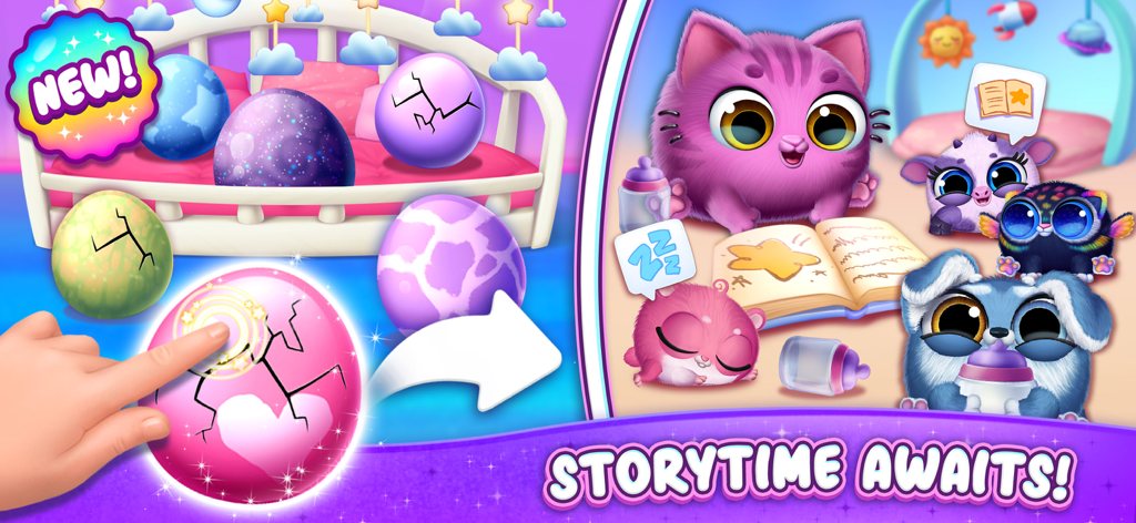 Smolsies 2 - Cute Pet Stories - Una mano toca un huevo rosa que está a punto de eclosionar junto a varios huevos de colores y lindas mascotas peludas en una guardería con el texto "La hora del cuento te espera"