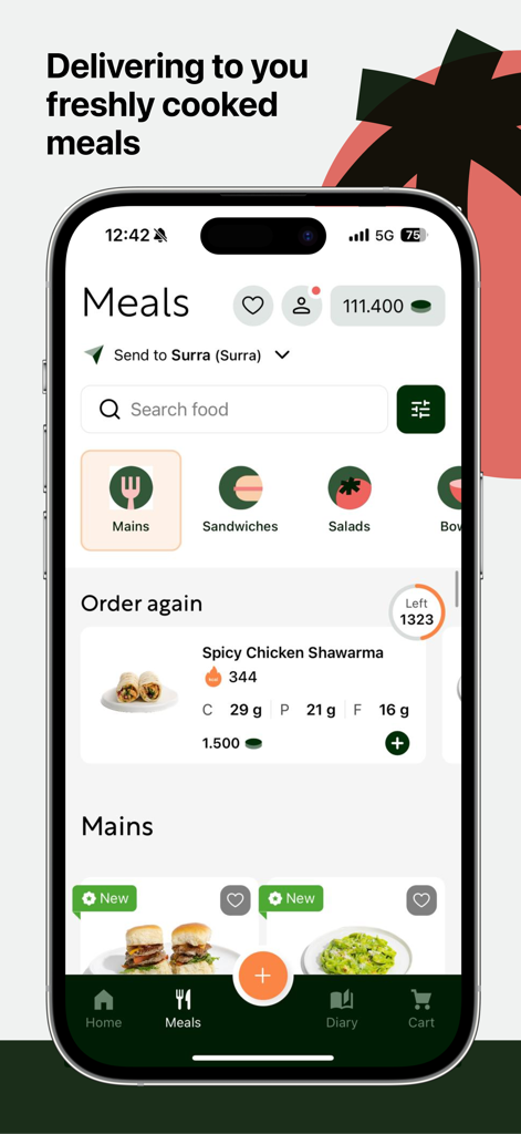 ForeverMore - healthy meals - ForeverMore app interface displaying a menu of healthy meals including a Spicy Chicken Shawarma with nutritional facts.