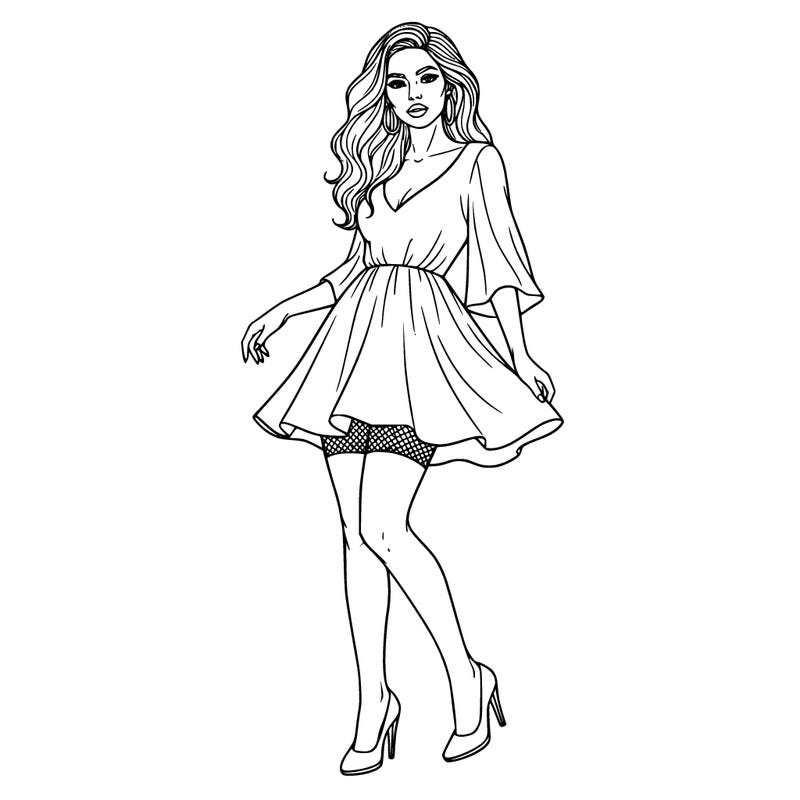 girl in a short dress with high heels and earing with wavy long hair and big lips and pant hose