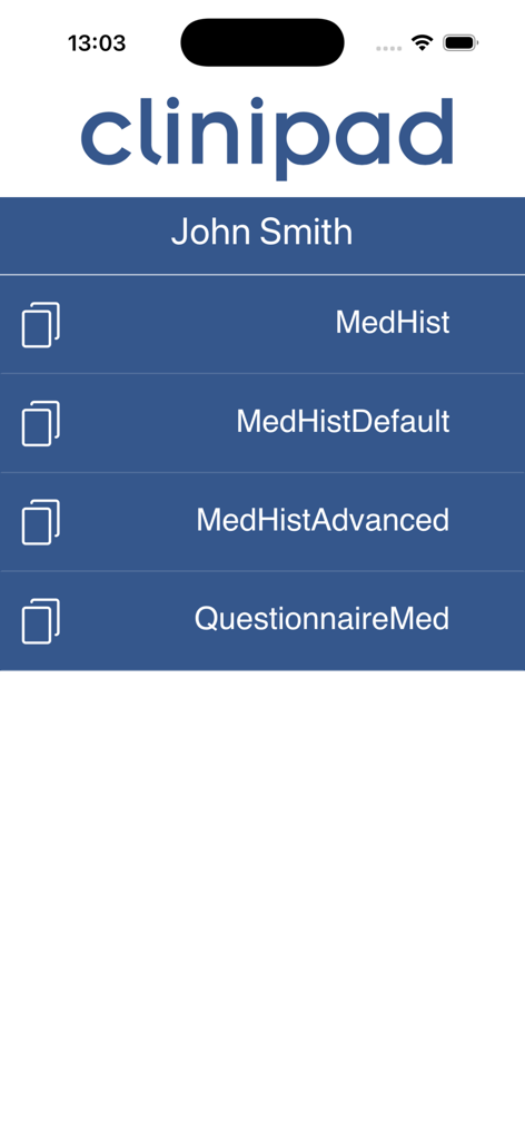 Clinipad Soei - Digital medical history and questionnaire forms list in the Clinipad app