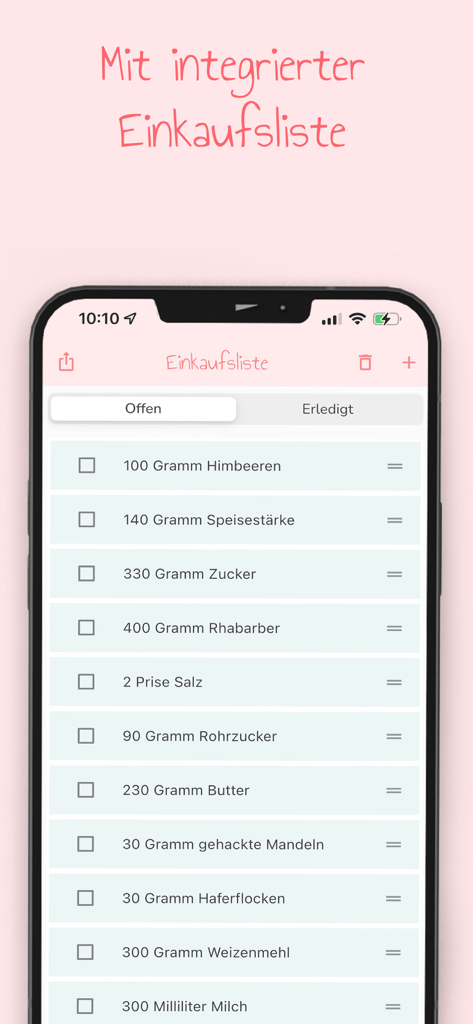 Backen macht glücklich - ラズベリーや砂糖などのベーキング材料の統合された買い物リストを表示するモバイルアプリのインターフェース
