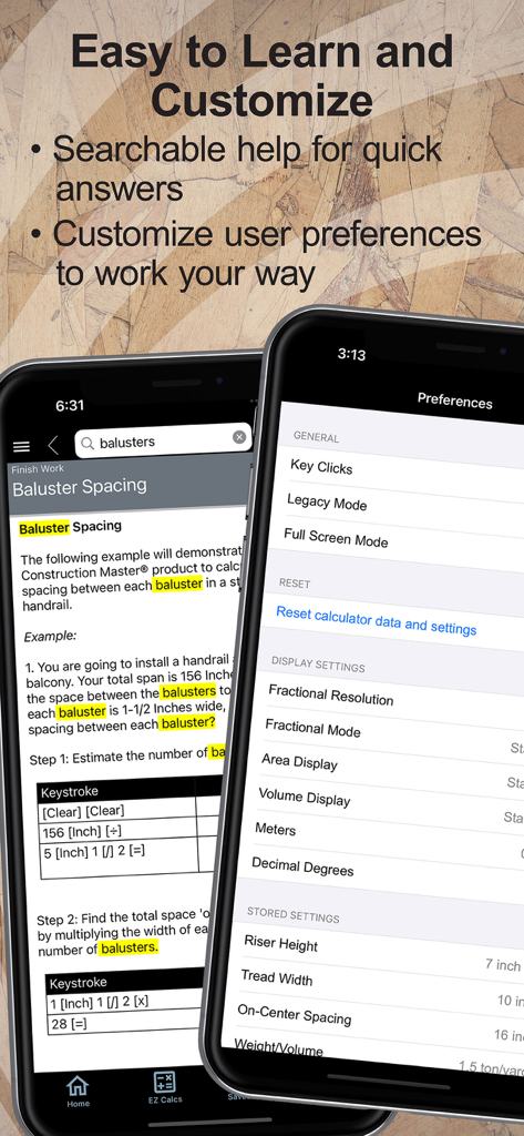 Construction Master 5 Calc - Construction Master 5 app screenshots showing searchable help guide for baluster spacing and user customization preferences menu