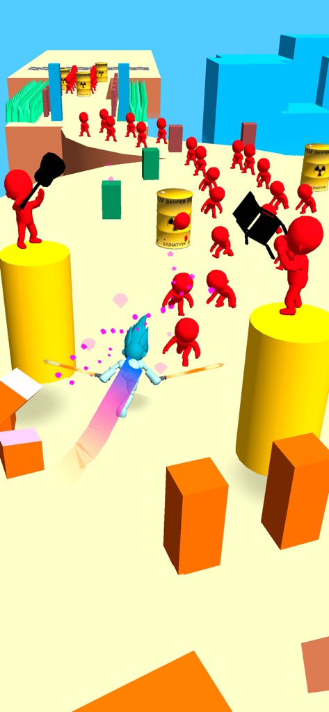 A 3D action game screenshot showing a blade master charging at red enemies