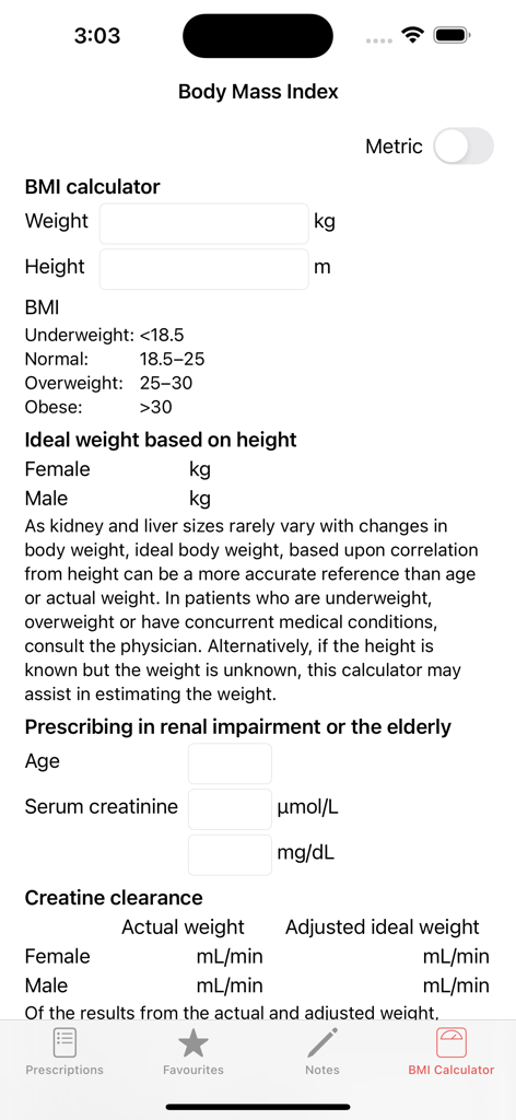 BMI and creatine clearance calculator screen in the Dental Prescriber app