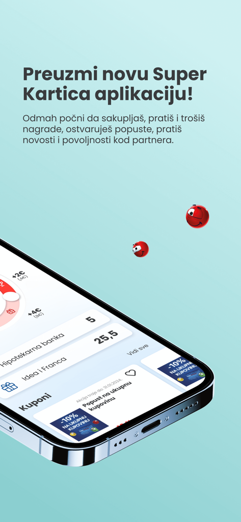Super Kartica CG Loyalty App-Oberfläche zeigt Prämien und digitale Coupons auf einem Smartphone.