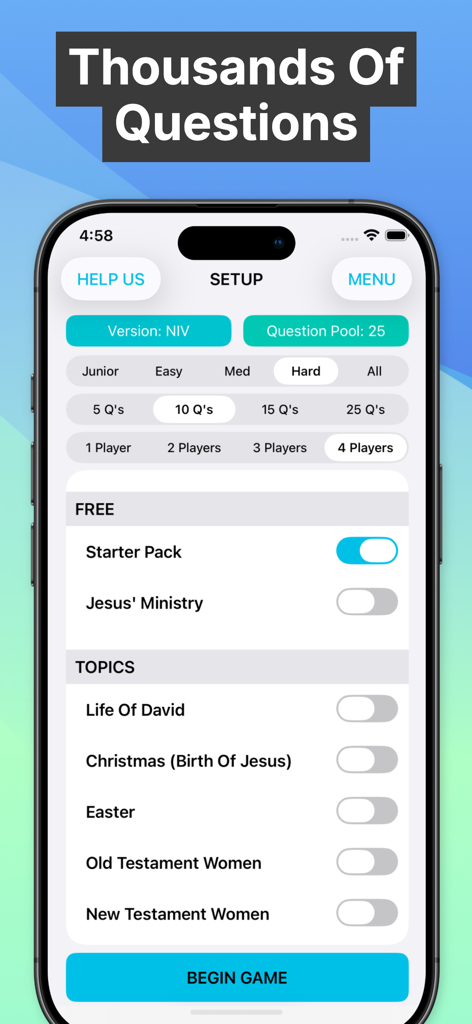 Bible Trivia - Christian Game - 難易度レベルとプレイヤー選択を示す聖書クイズアプリのセットアップ画面