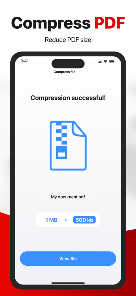 PDF Converter -Document Editor - Mobile interface showing successful PDF compression from 1MB to 500KB in the PDF Converter app
