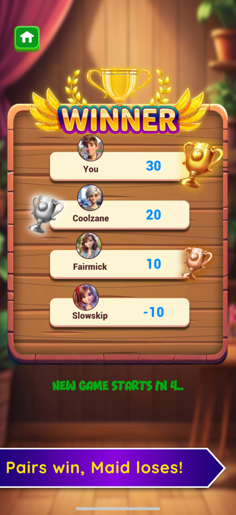 Old Maid: Fun Card Game! - A winner screen in the Old Maid card game app showing a leaderboard with player scores and gold, silver, and bronze trophies.