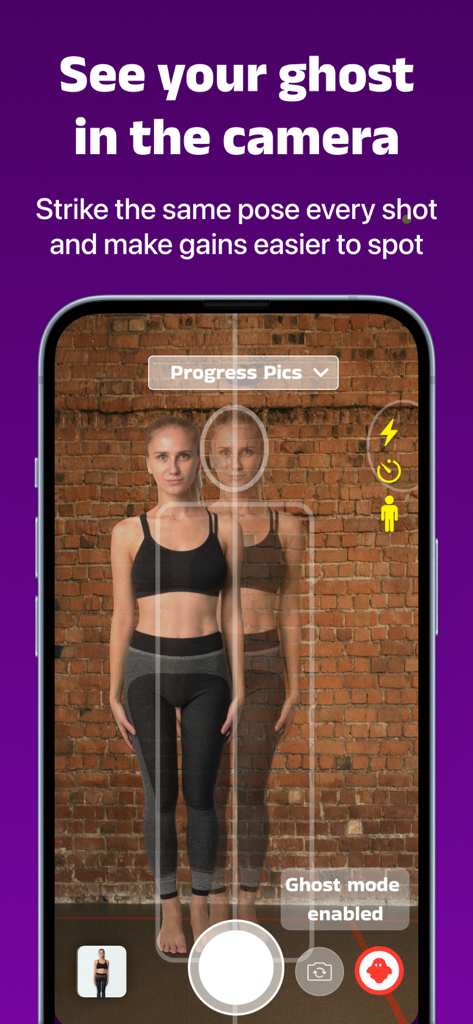 My Body Tracker: PhotoJourney - Ghost Mode camera overlay in My Body Tracker app for consistent fitness progress photos.