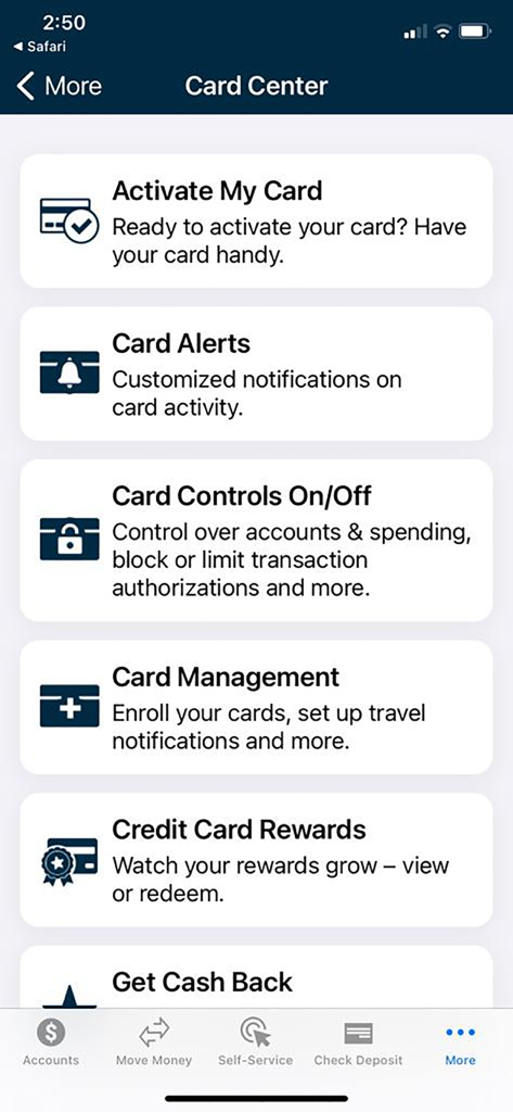Affinity Federal Credit Union - Card Center interface of the Affinity Federal Credit Union app showing card management options including activation, alerts, and controls.