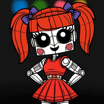 animatronic girl with pigtails and a cheerleading dress