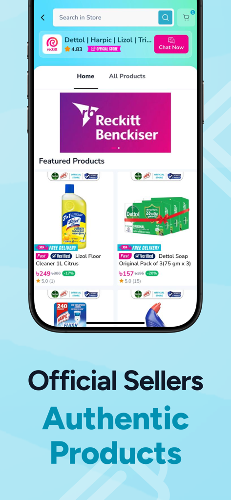 Cartup: Online Shopping - Screenshot of Cartup shopping app featuring authentic products from official sellers like Dettol and Lizol