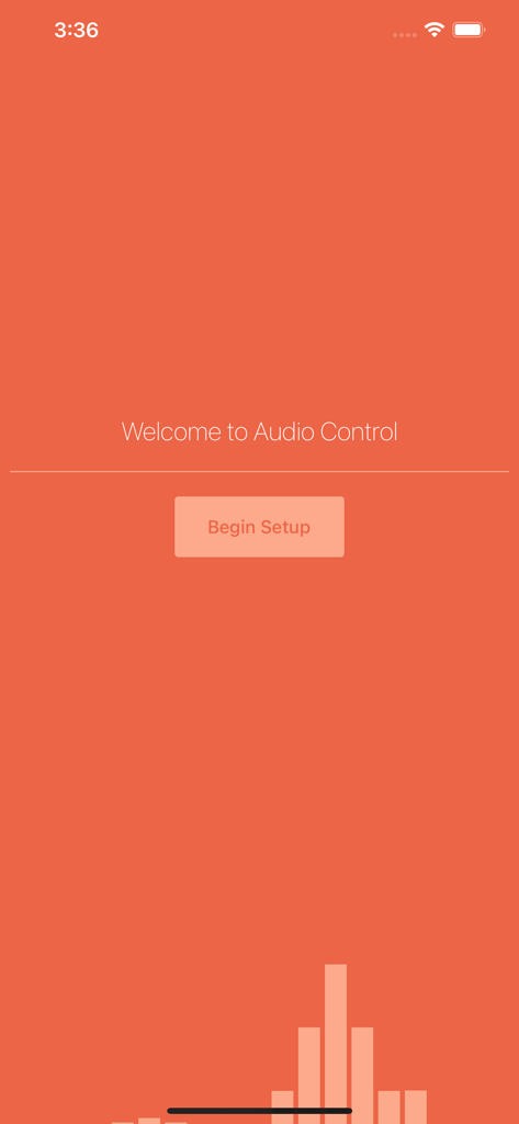 Monoprice Whole Home Audio - Welcome screen for the Monoprice Whole Home Audio app with an orange background and a begin setup button.
