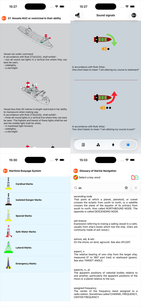 Nautical Calculator Preview - Screenshots of the Nautical Calculator Preview app showing COLREGs vessel lights sound signals maritime buoyage systems and a navigation glossary