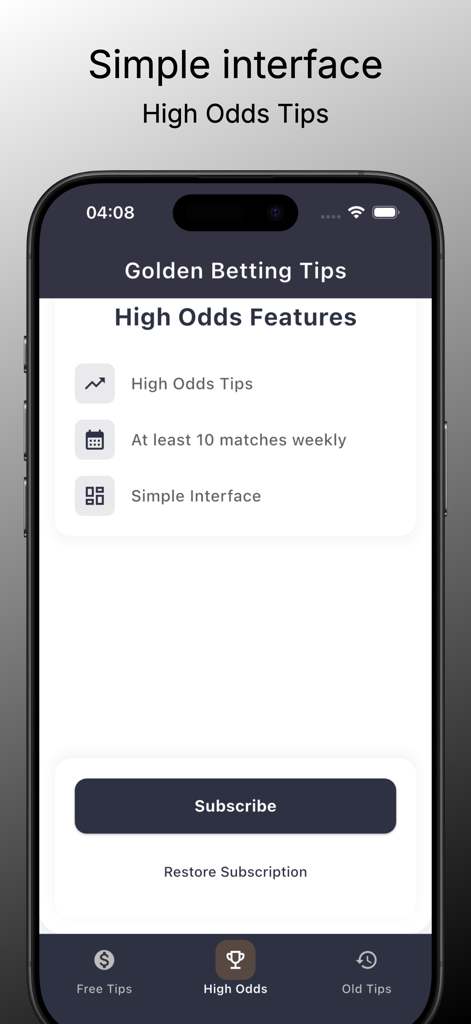 Interface of the Golden Soccer Bet Predictions app showing High Odds features and a subscription button