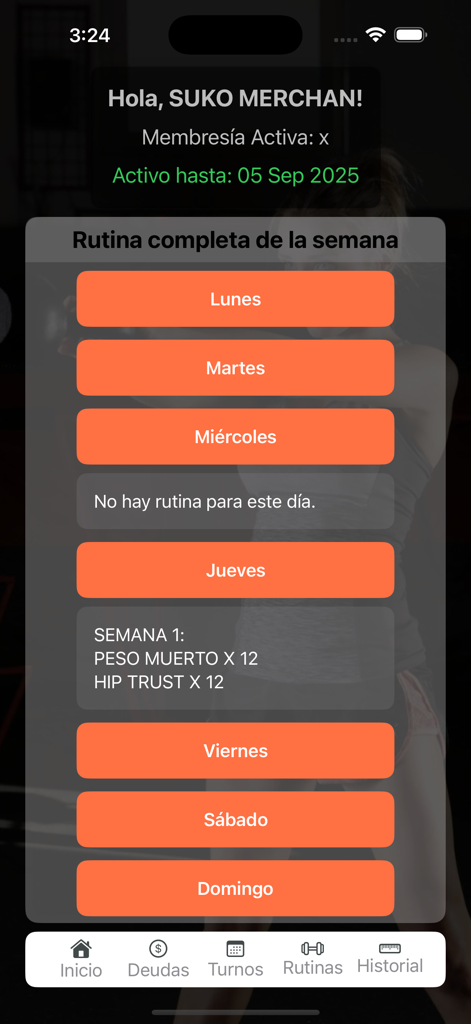 KlanbarzApp - Weekly training routine and exercise schedule on the KlanbarzApp dashboard.