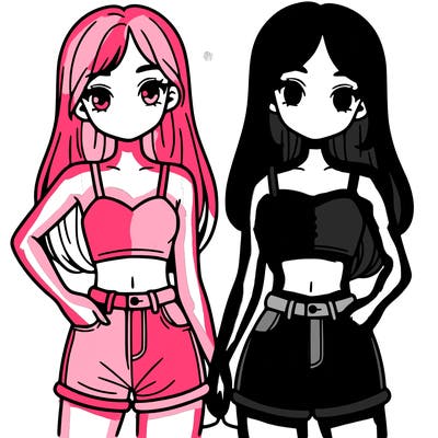 two sisters with crop tops and jean shorts and straight hair