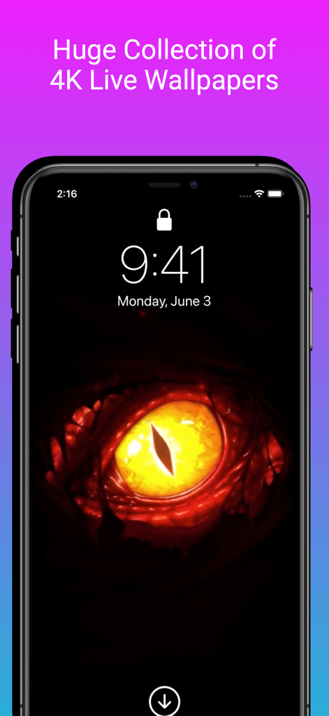Live Wallpapers 4K - LiveInto - 4K解像度の燃えるようなドラゴンの目のライブ壁紙を表示するiPhoneのロック画面