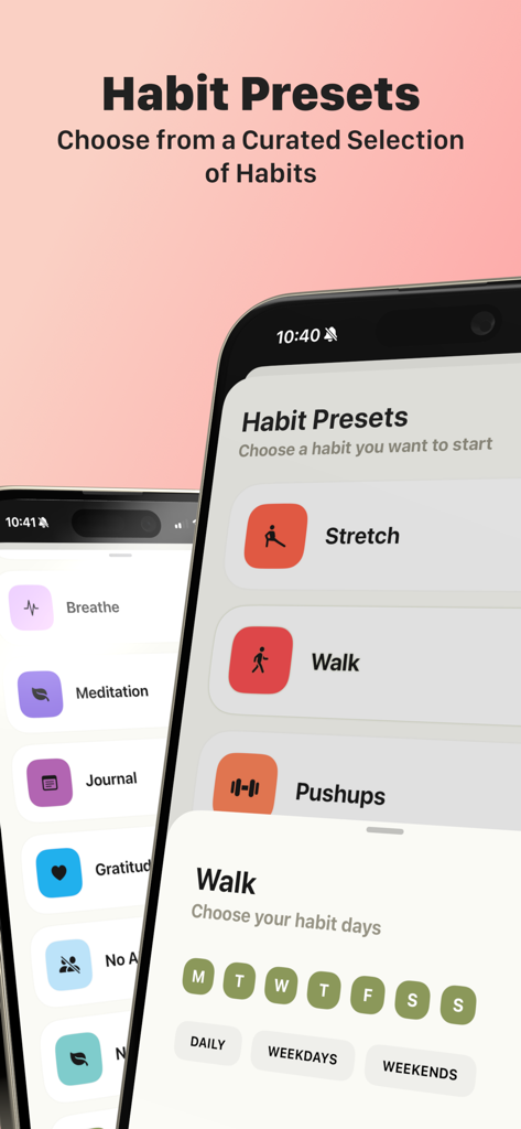 Happits: Local AI Habits - Happits app user interface showing a list of curated habit presets like stretching walking and meditation
