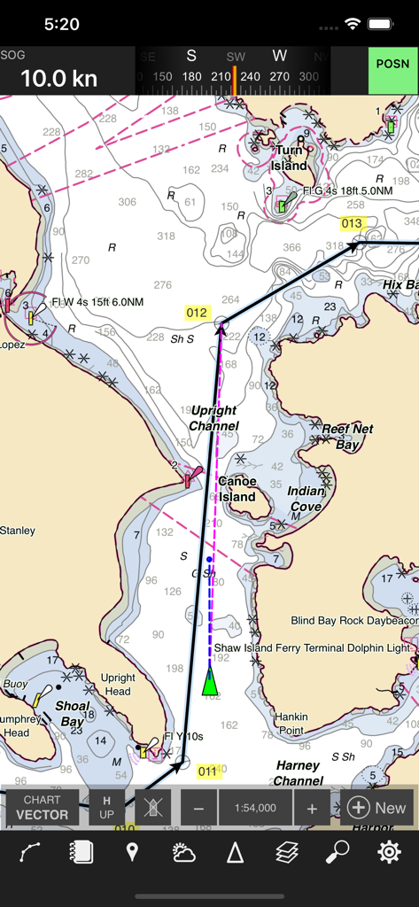 Coastal Explorer - Coastal Explorer app interface showing a detailed nautical chart with a planned route and navigational markers