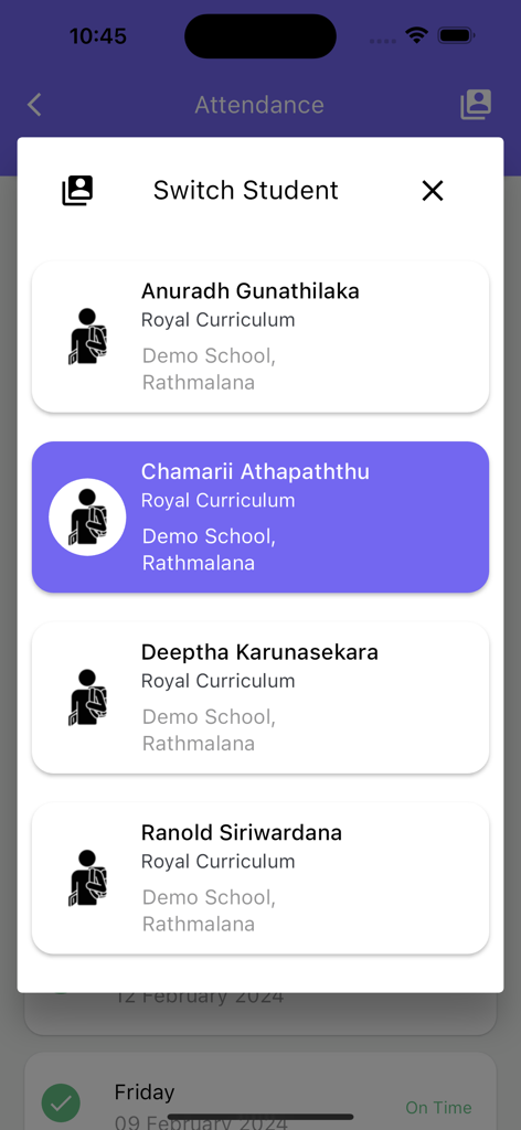 Zeta Plus Parent - Zeta Plus Parentアプリで複数の生徒を切り替えるためのインターフェース。