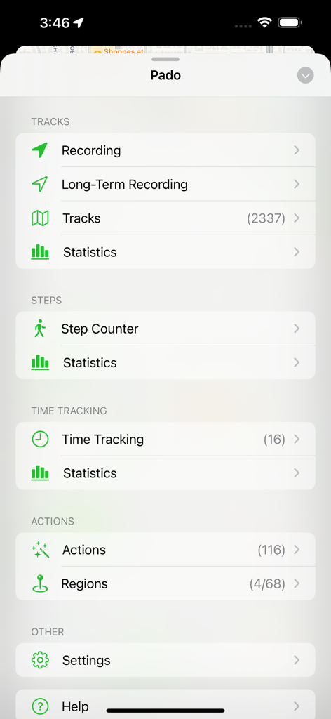 Pado - Main menu of the Pado app showing categories for tracks, steps, time tracking, and actions