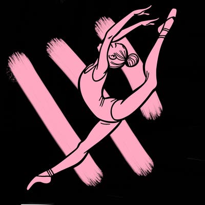 gymnast doing a leap in a leotard with a bent back leg