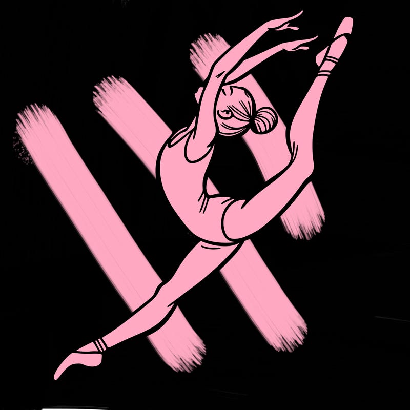 gymnast doing a leap in a leotard with a bent back leg