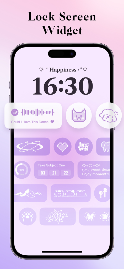 iPhone lock screen featuring various purple aesthetic widgets from the Widgify app including music player and cute icons
