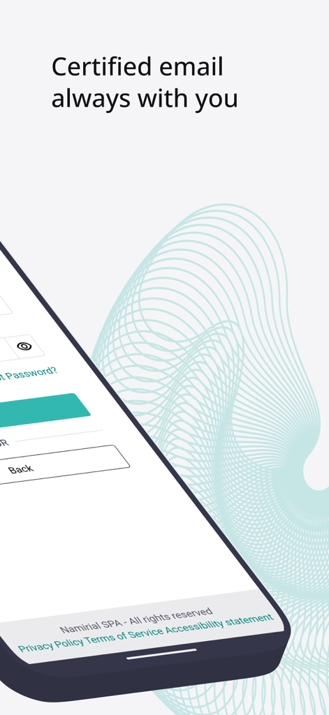 Namirial PEC - Namirial PEC mobile app screen displaying the slogan Certified email always with you and a login form