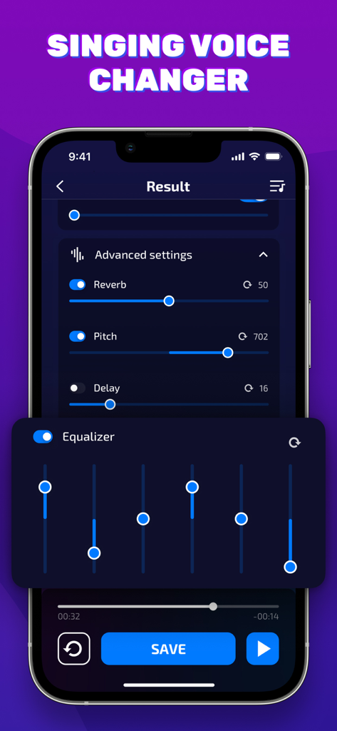 Voice Tuner app screen showing advanced vocal settings including reverb pitch and a 7 band equalizer