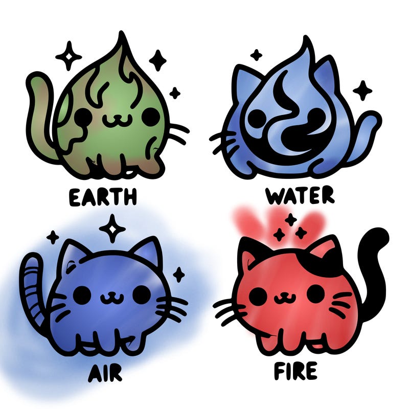 4 cats that represent the different elements, earth, water, air, and fire