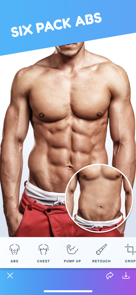 Body Tune for Men－Photo Editor - Screenshot of Body Tune for Men app showing before and after six pack abs muscle editing